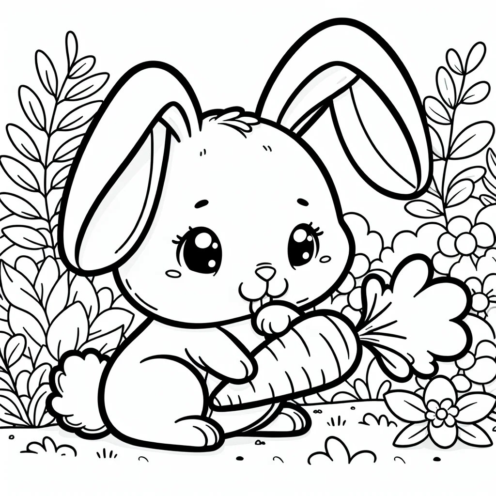 conejo comiendo una zanahoria en un jardín para colorear e imprimir