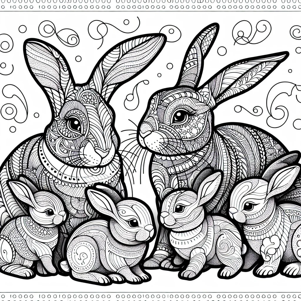 familia de conejos, madre con crías para colorear e imprimir