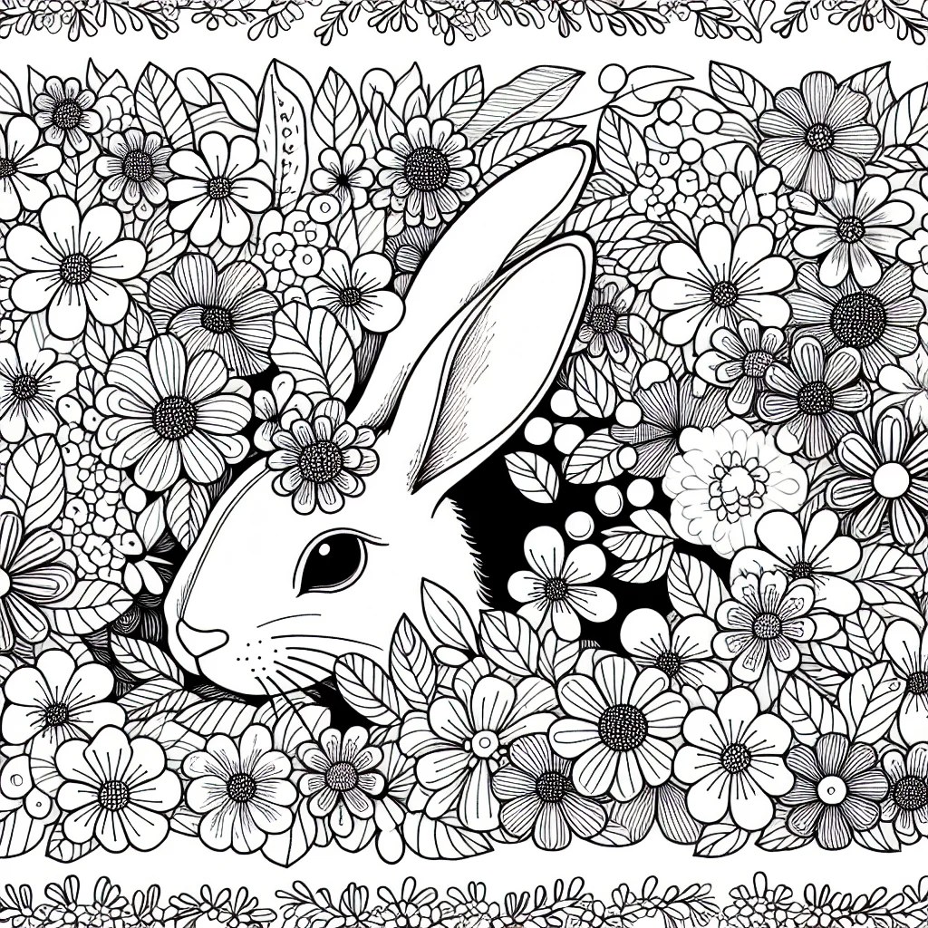 conejo escondido en un campo de flores primaverales para colorear e imprimir