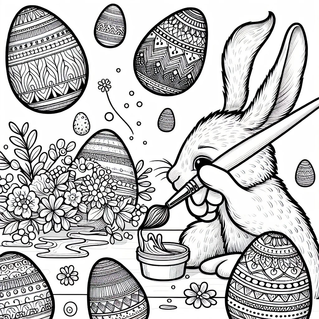 conejo pintando huevos de Pascua con un pincel para colorear e imprimir