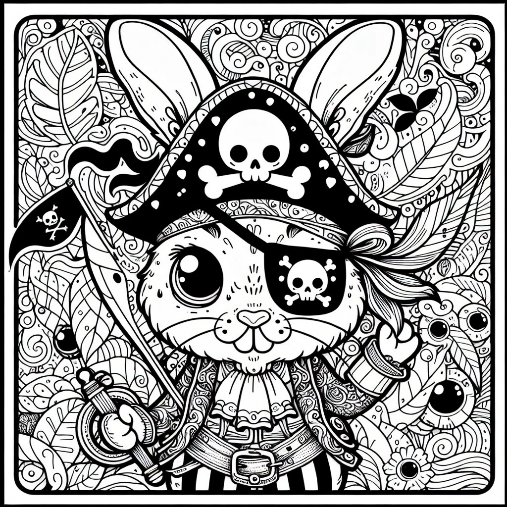 conejo pirata con parche en el ojo y sombrero de pirata para colorear e imprimir
