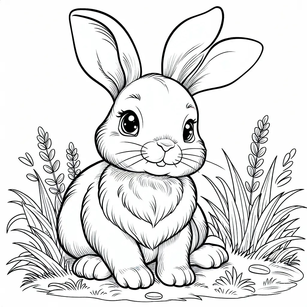 cute rabbit sitting in the grass with big ears colouring page for kids to print