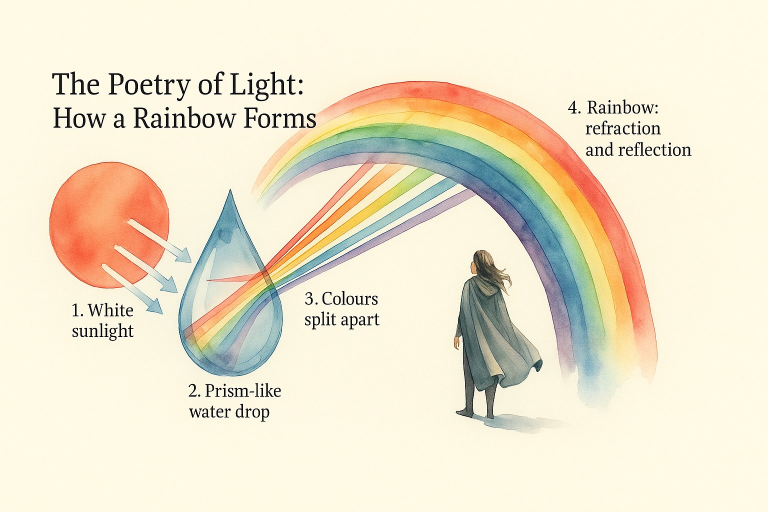 Diagram of sunlight splitting inside a water drop to create a rainbow