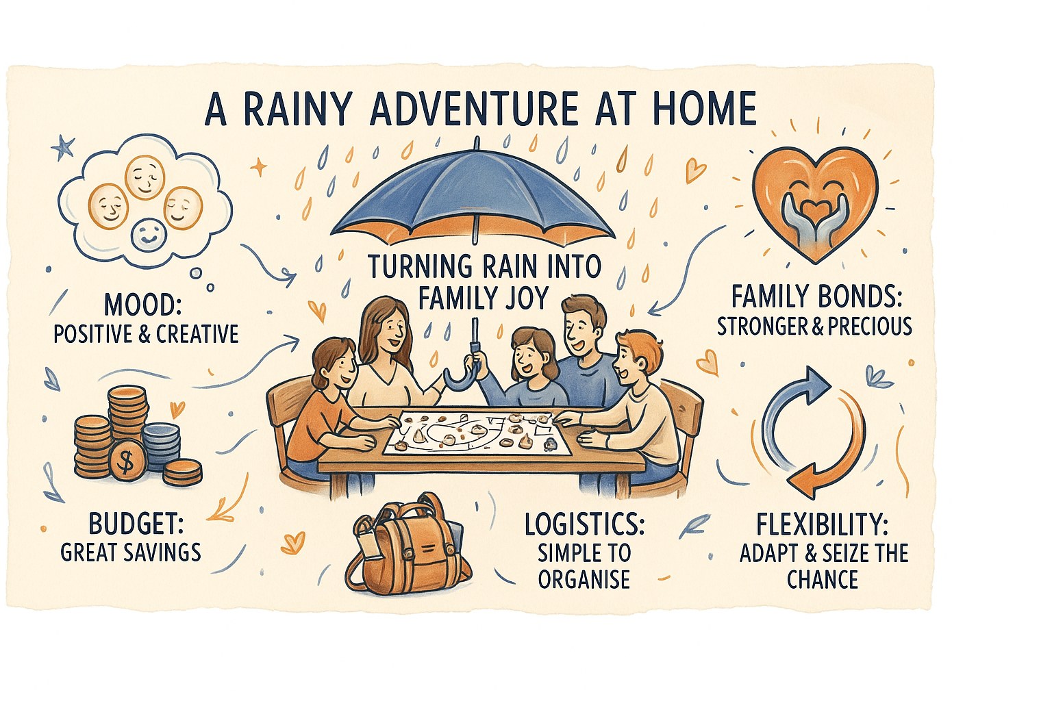 Happy family building a blanket fort in the living room on a rainy day
