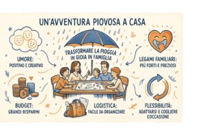 Famiglia felice che costruisce una capanna con le coperte in salotto in una giornata di pioggia
