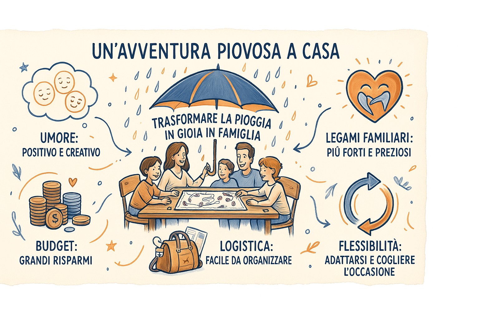 Famiglia felice che costruisce una capanna con le coperte in salotto in una giornata di pioggia