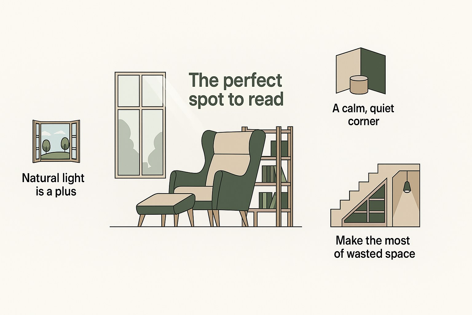 A bright reading corner by a window with a comfortable armchair