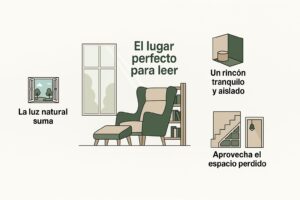 Un rincon de lectura luminoso junto a una ventana con un sillon comodo