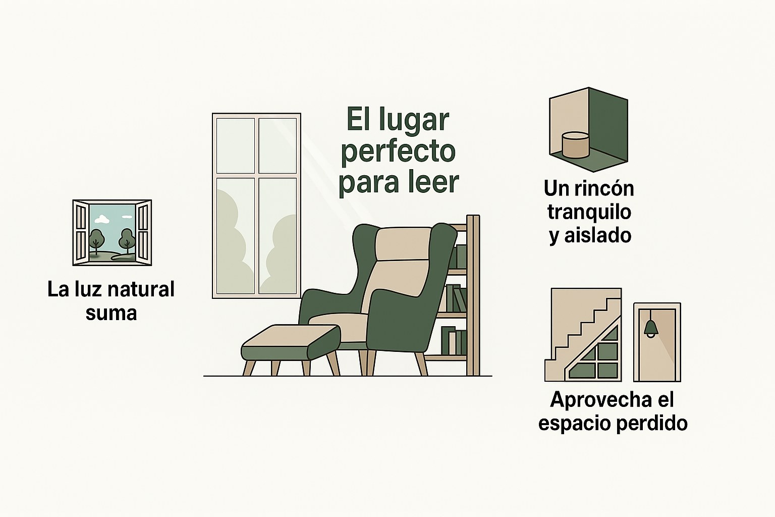 Un rincon de lectura luminoso junto a una ventana con un sillon comodo
