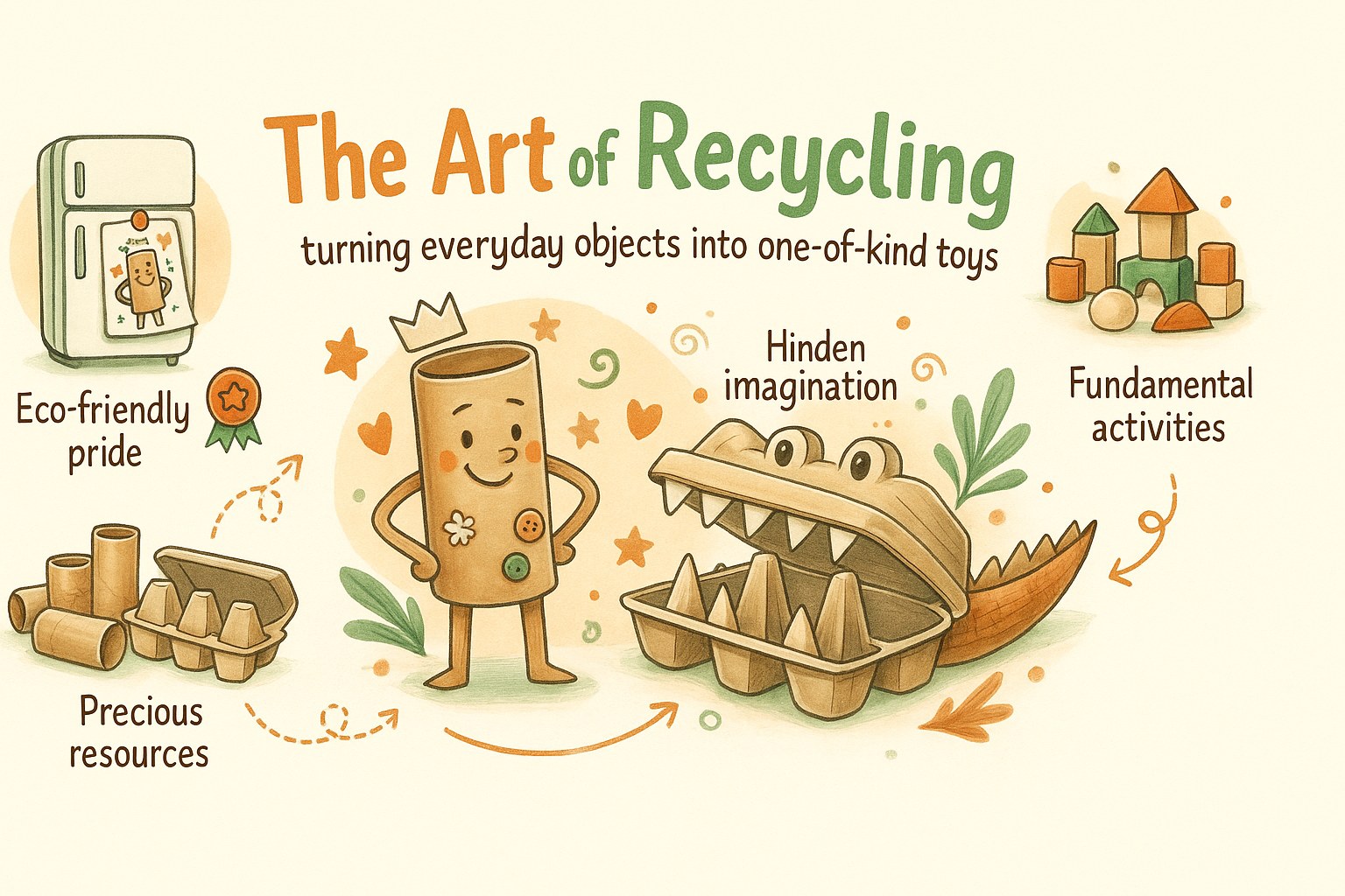 Child making toys from cardboard boxes and recycled paper rolls