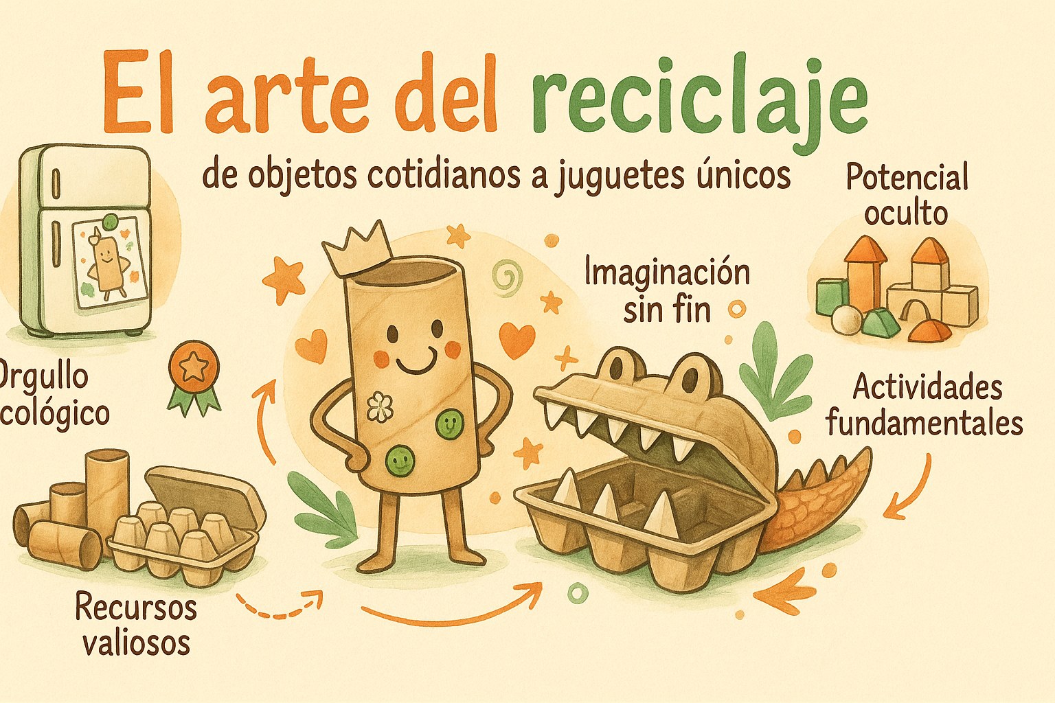 Niño creando juguetes con cajas de cartón y rollos de papel reciclados