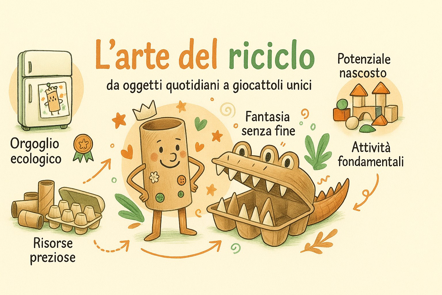 Bambino che crea giocattoli con scatole di cartone e rotoli di carta riciclati