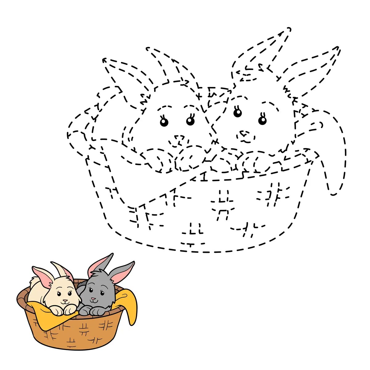 Easter dot-to-dot two rabbits side by side in a basket in dotted lines to trace over to print