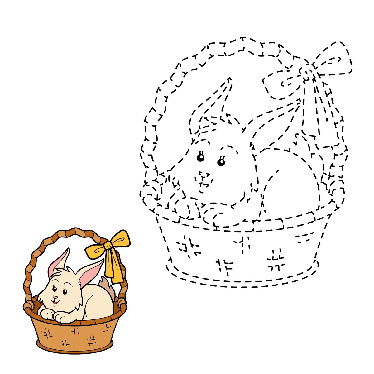 Easter dot-to-dot rabbit in a basket dotted outline to trace over for beginners to print