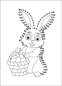 Easter dot-to-dot rabbit holding a basket of eggs numbered 1 to 46 to print