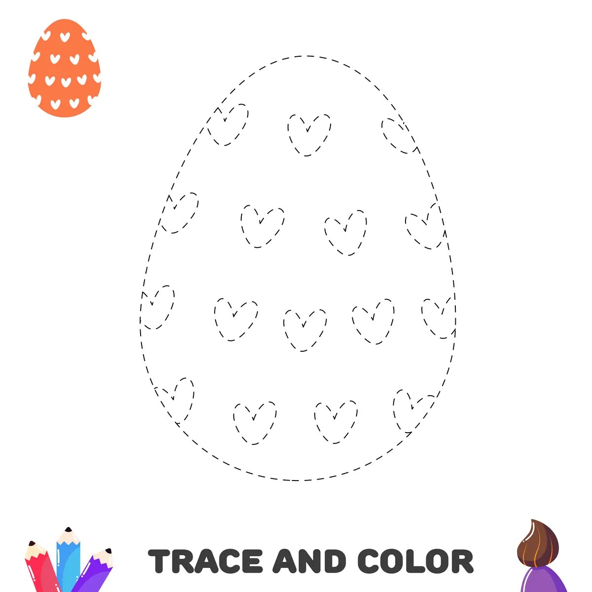 Easter dot-to-dot egg dotted with little hearts in dotted lines traced and coloured to print