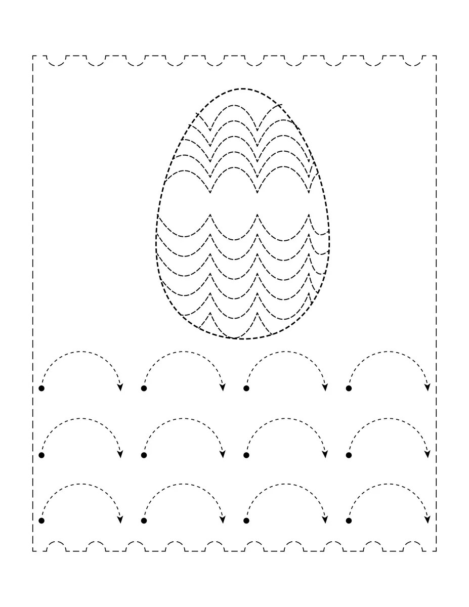 Easter dot-to-dot egg with wave and arc patterns with starting dots and arrows to print