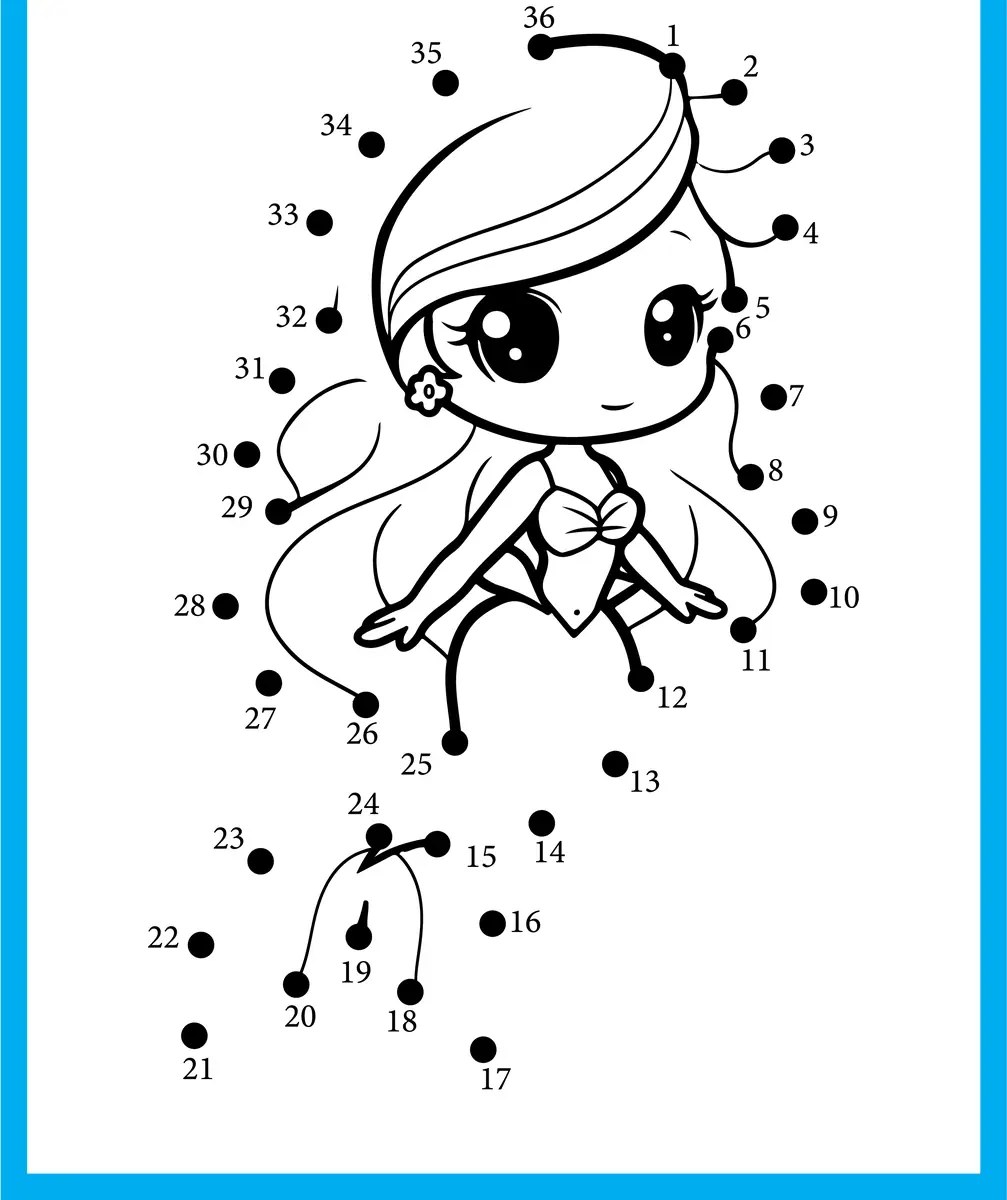 Kawaii princess dot-to-dot from 1 to 36 to print