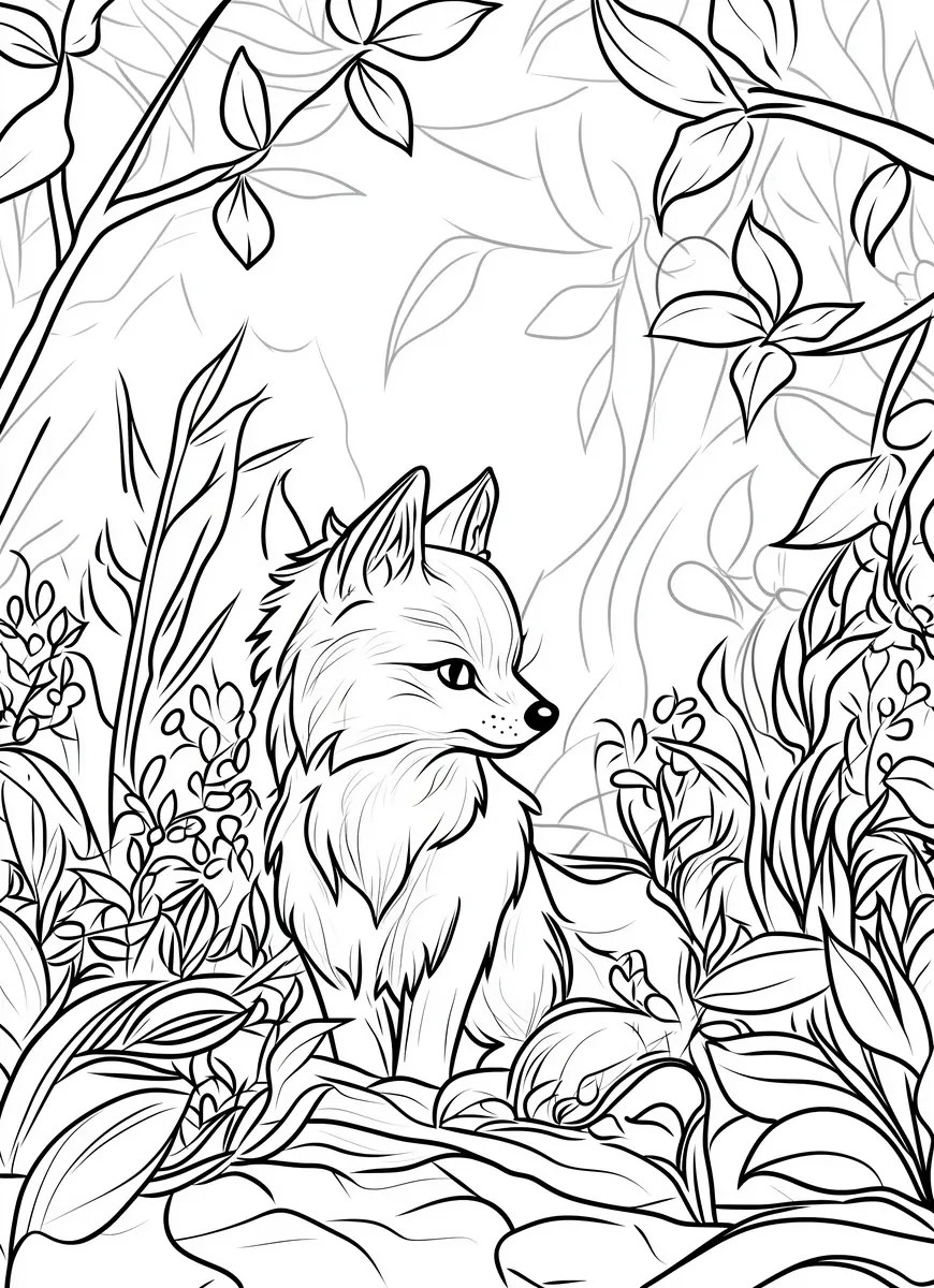 fox among dense foliage colouring page to print