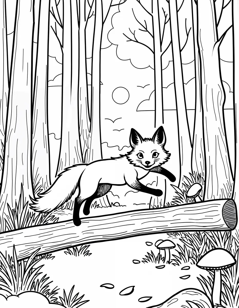 fox leaping over a log in the forest colouring page to print