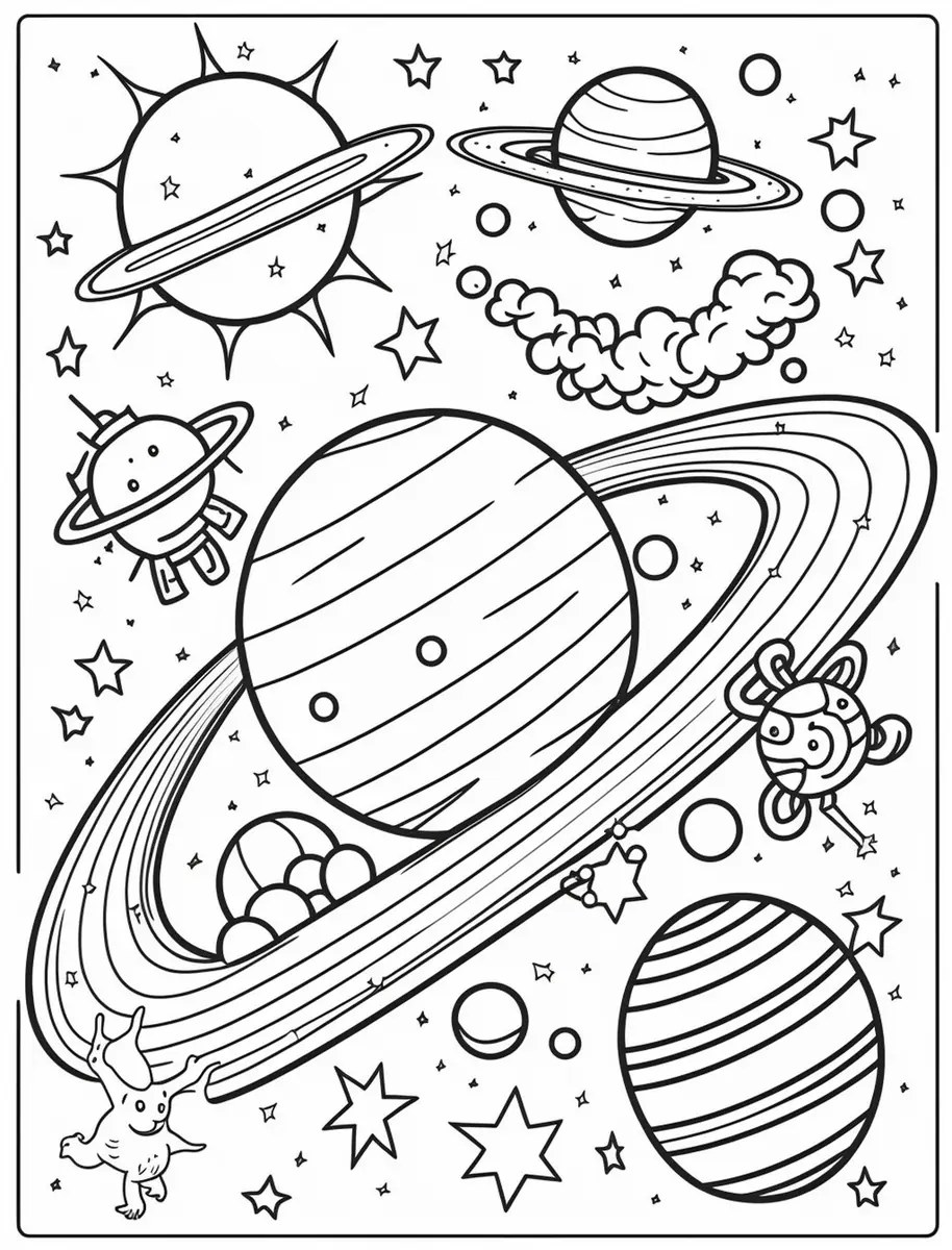 dibujo de planetas con anillos y estrellas para imprimir