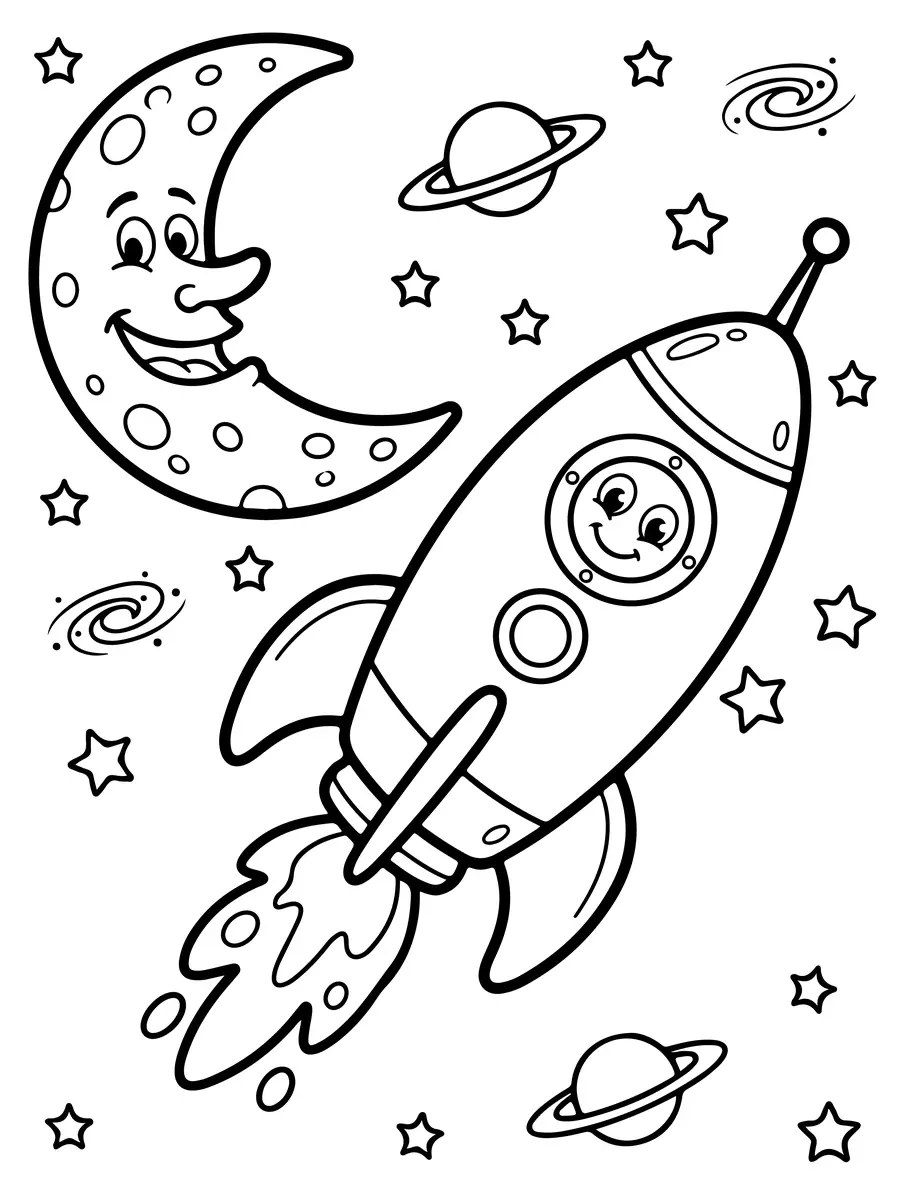 dibujo de un cohete y la Luna sonriente para imprimir