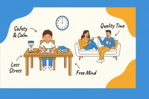Infographic: a calm child doing homework while parents relax, with the benefits safety and calm, less stress, free mind and quality time
