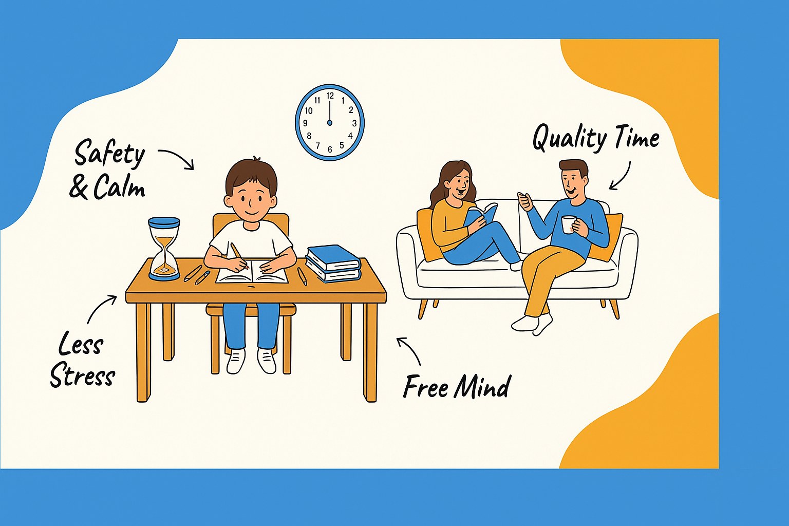 Infographic: a calm child doing homework while parents relax, with the benefits safety and calm, less stress, free mind and quality time