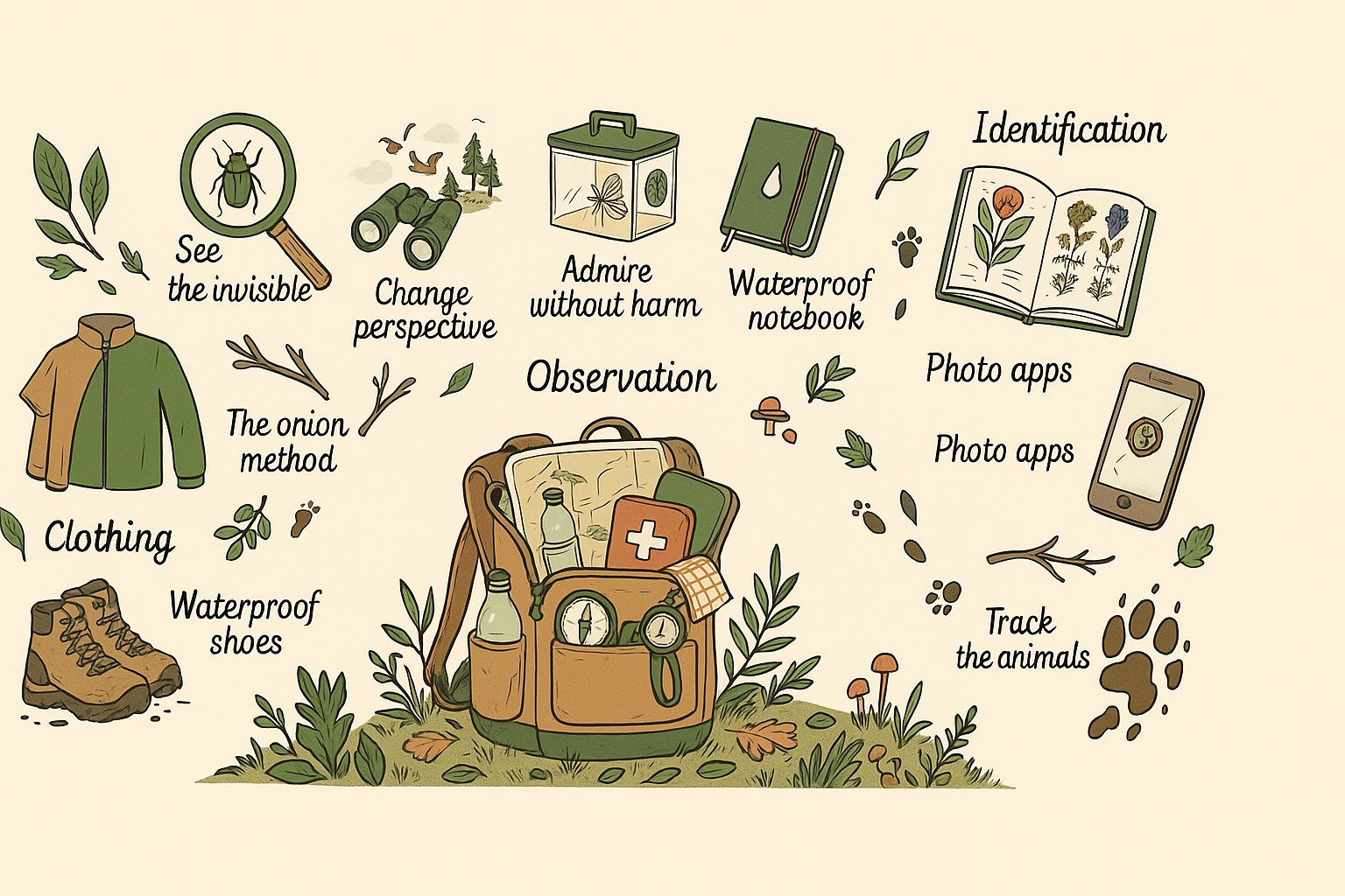 Open backpack with magnifying glass, binoculars and notebook for a spring nature exploration