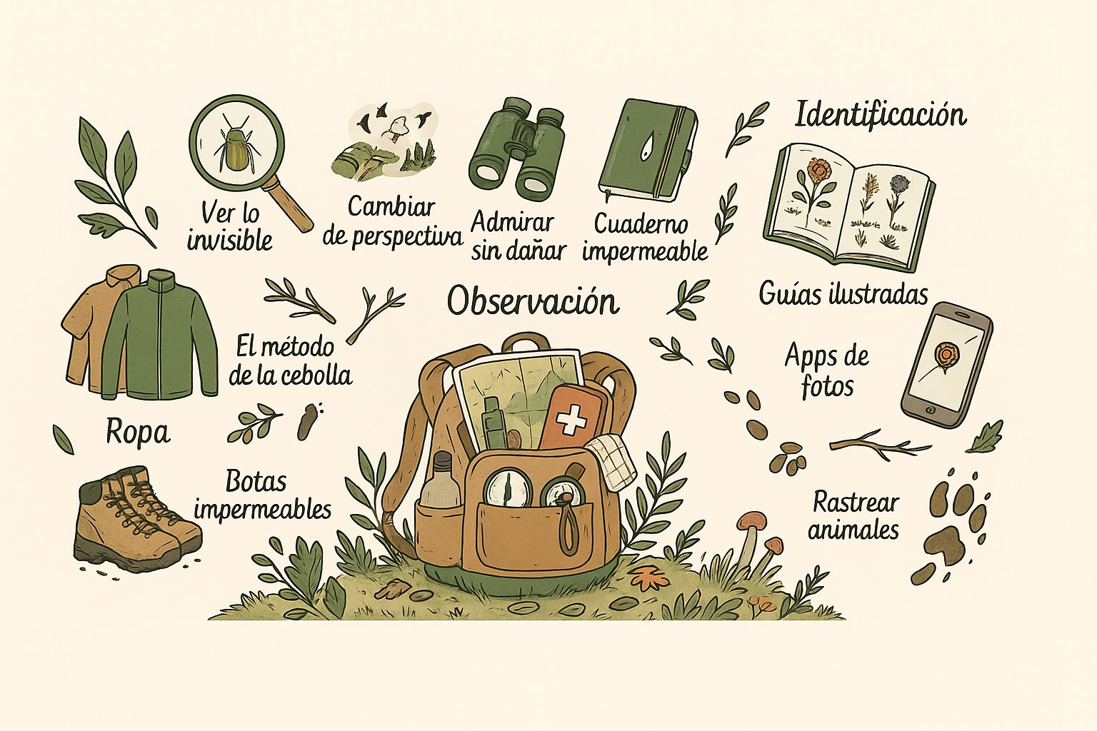 Mochila abierta con lupa, prismáticos y cuaderno para una exploración de naturaleza en primavera