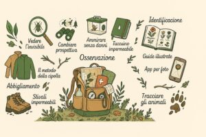 Zaino aperto con lente, binocolo e taccuino per un'esplorazione nella natura in primavera