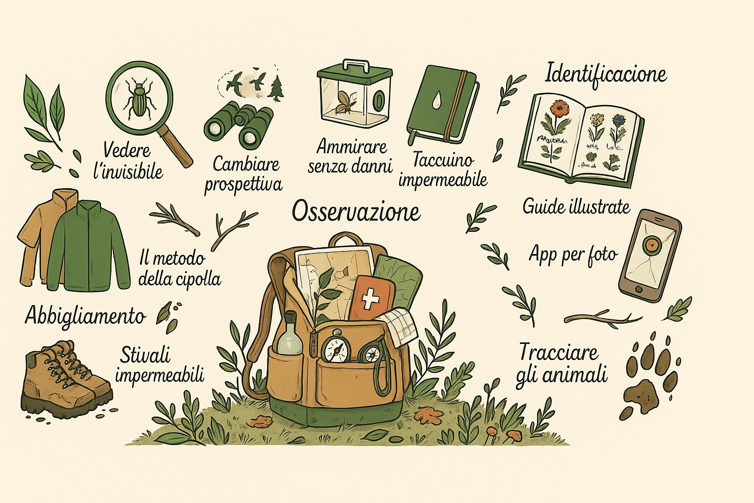 Zaino aperto con lente, binocolo e taccuino per un'esplorazione nella natura in primavera