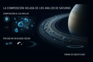 Infografia que muestra la composicion de hielo y polvo de los anillos de Saturno