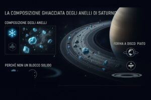 Infografica che mostra la composizione di ghiaccio e polvere degli anelli di Saturno