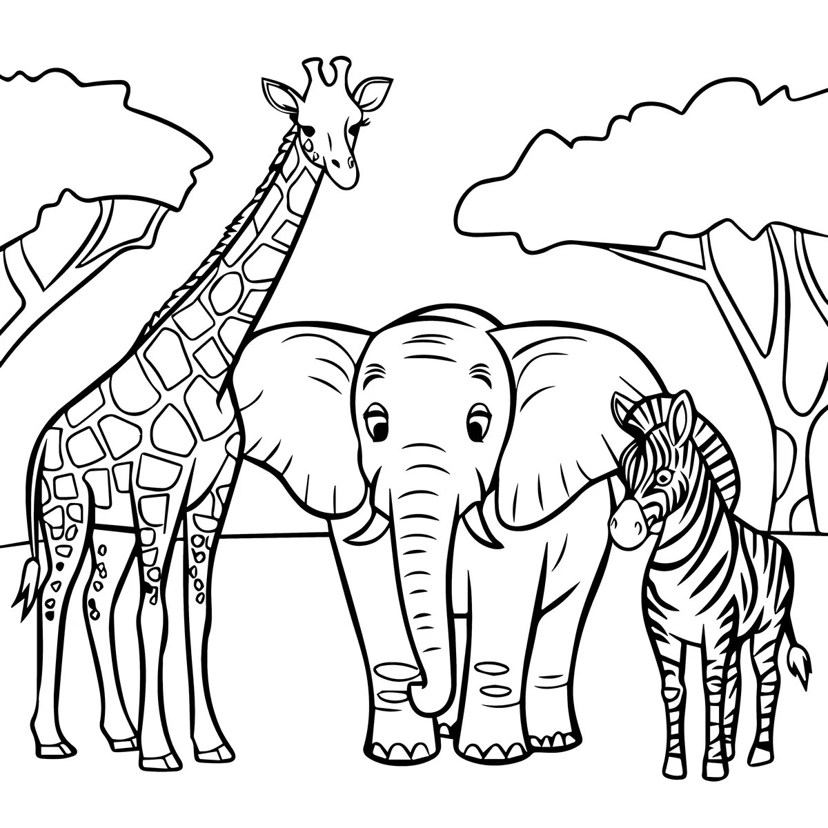 Jirafa, elefante y cebra con acacias de la sabana para colorear e imprimir