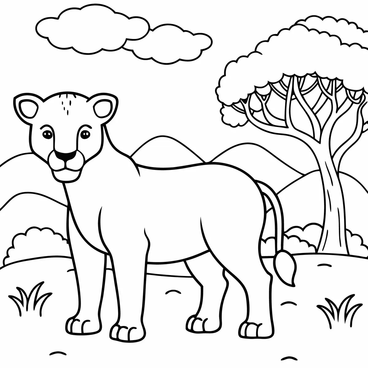 Leona en el paisaje africano con acacia y colinas para colorear e imprimir
