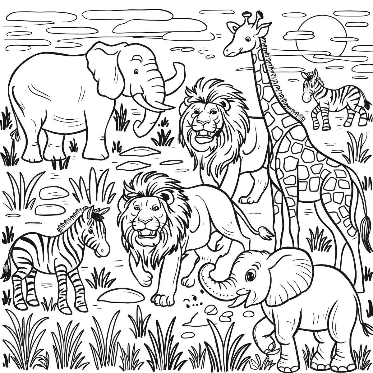 Gran escena de la sabana con elefante, león, jirafa y cebra al atardecer para colorear e imprimir