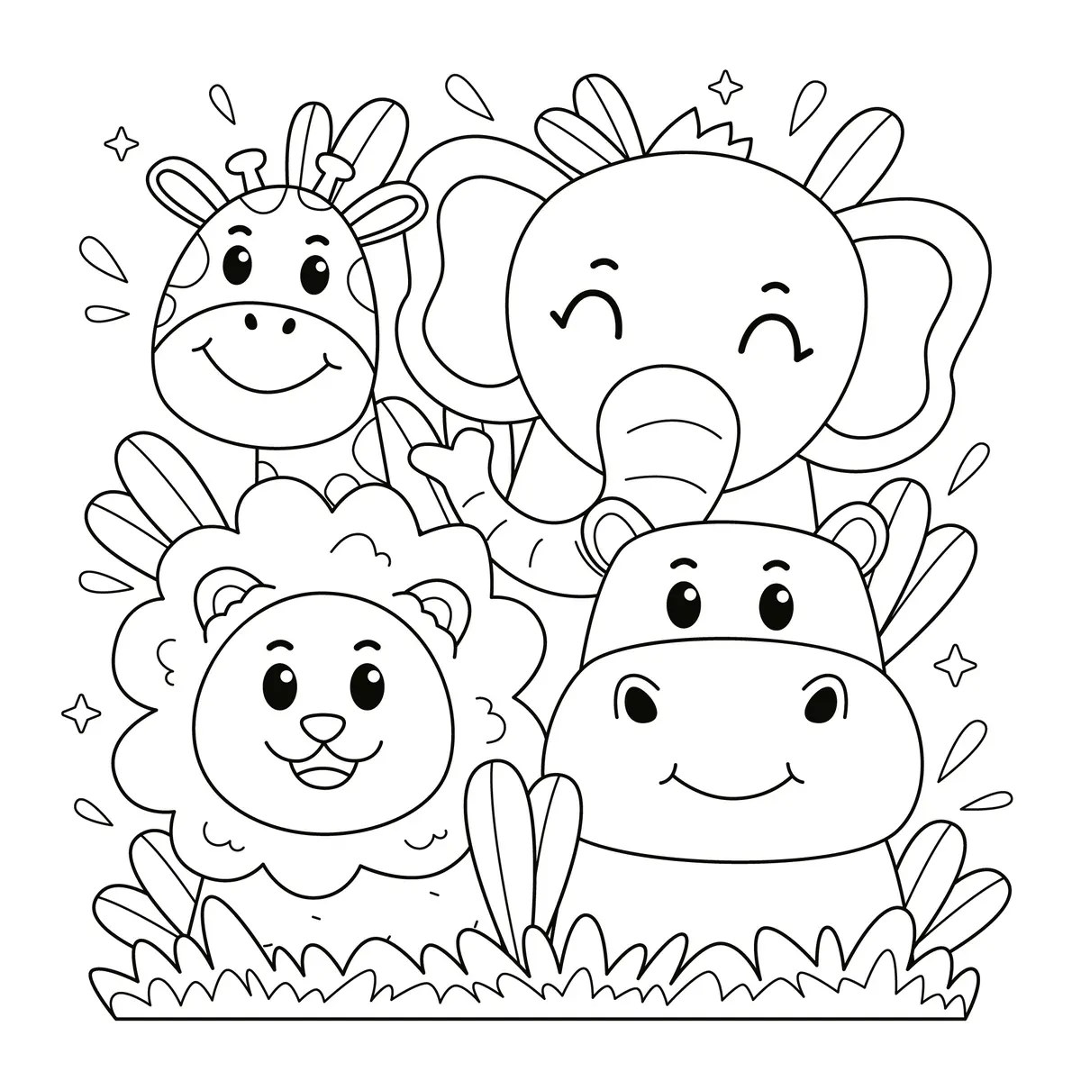 Caritas kawaii de la sabana jirafa elefante león hipopótamo para colorear e imprimir