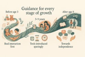 Timeline chart of screen-time guidance by a child's age, from before age 3 to after age 9