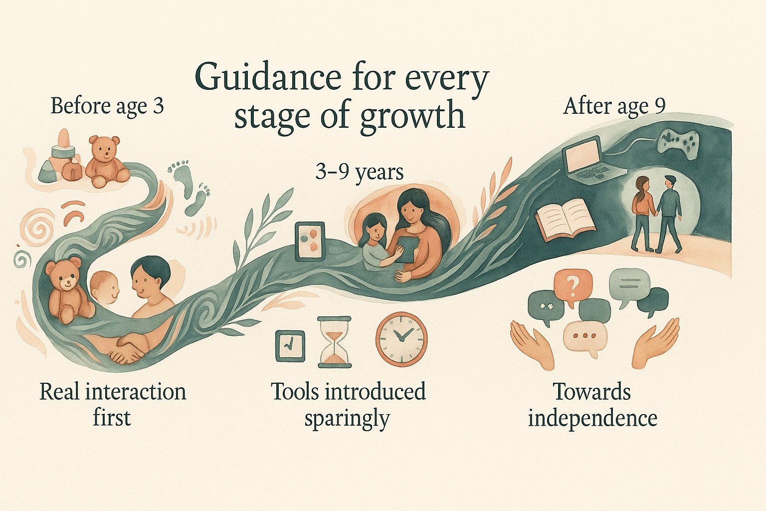 Timeline chart of screen-time guidance by a child's age, from before age 3 to after age 9
