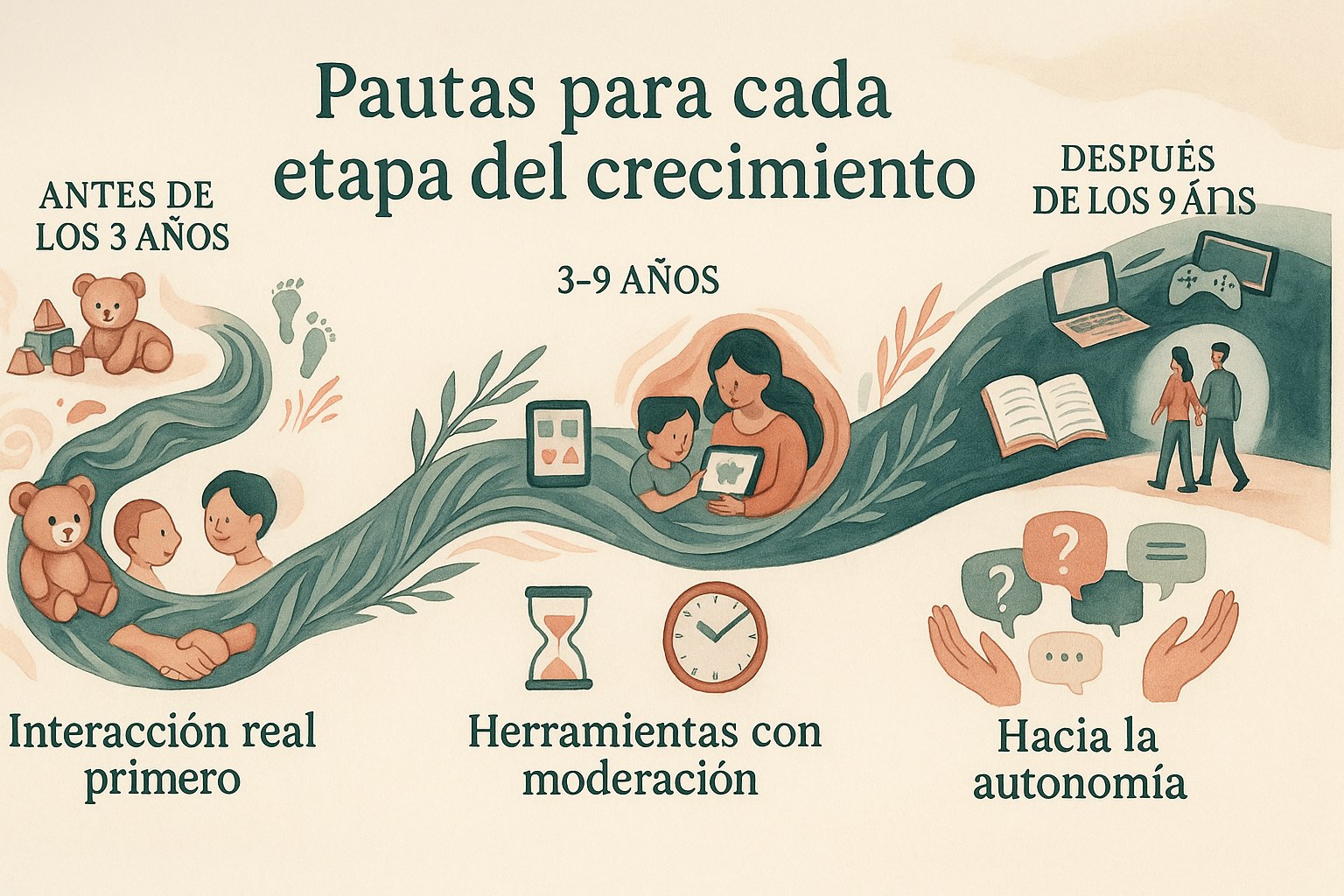 Linea de tiempo con pautas de tiempo de pantalla segun la edad del nino, desde antes de los 3 anos hasta despues de los 9
