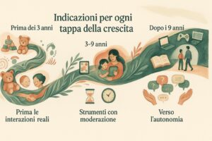 Linea del tempo con indicazioni sul tempo davanti agli schermi in base all'eta del bambino, da prima dei 3 anni a dopo i 9