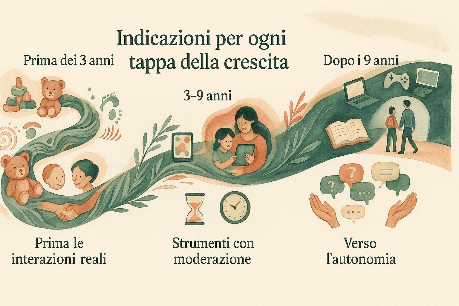 Linea del tempo con indicazioni sul tempo davanti agli schermi in base all'eta del bambino, da prima dei 3 anni a dopo i 9
