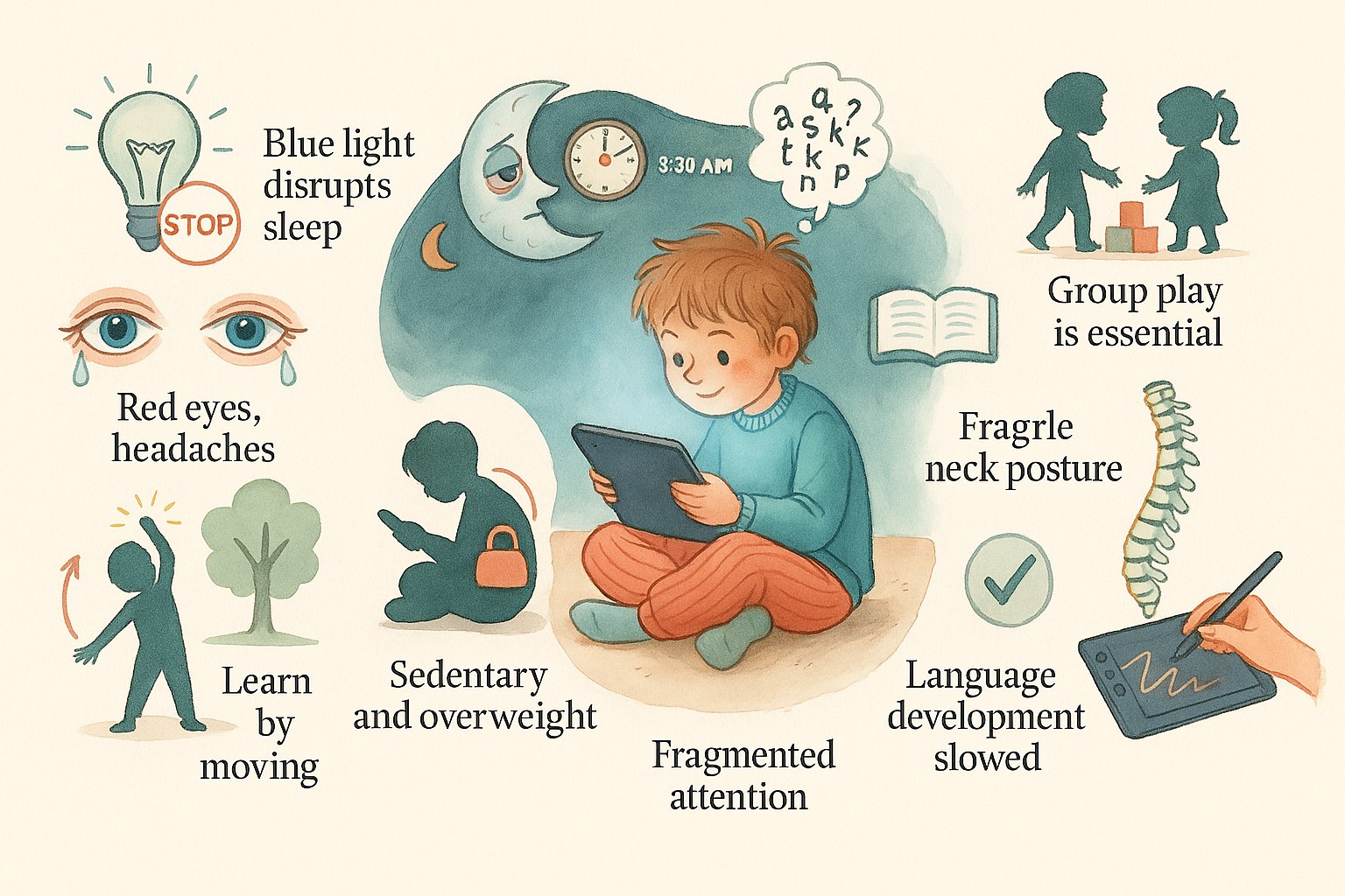 Illustrated infographic showing how screens affect a child's sleep, eyes, posture, attention and language