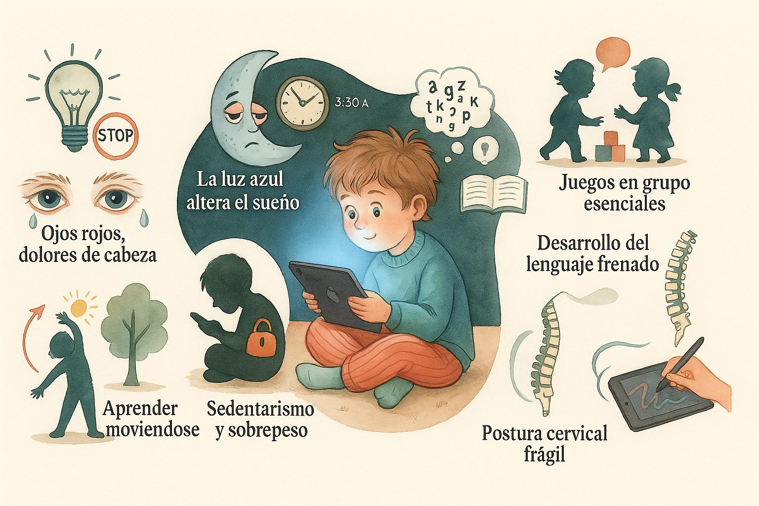 Infografía ilustrada que muestra cómo las pantallas afectan al sueño, los ojos, la postura, la atención y el lenguaje del niño