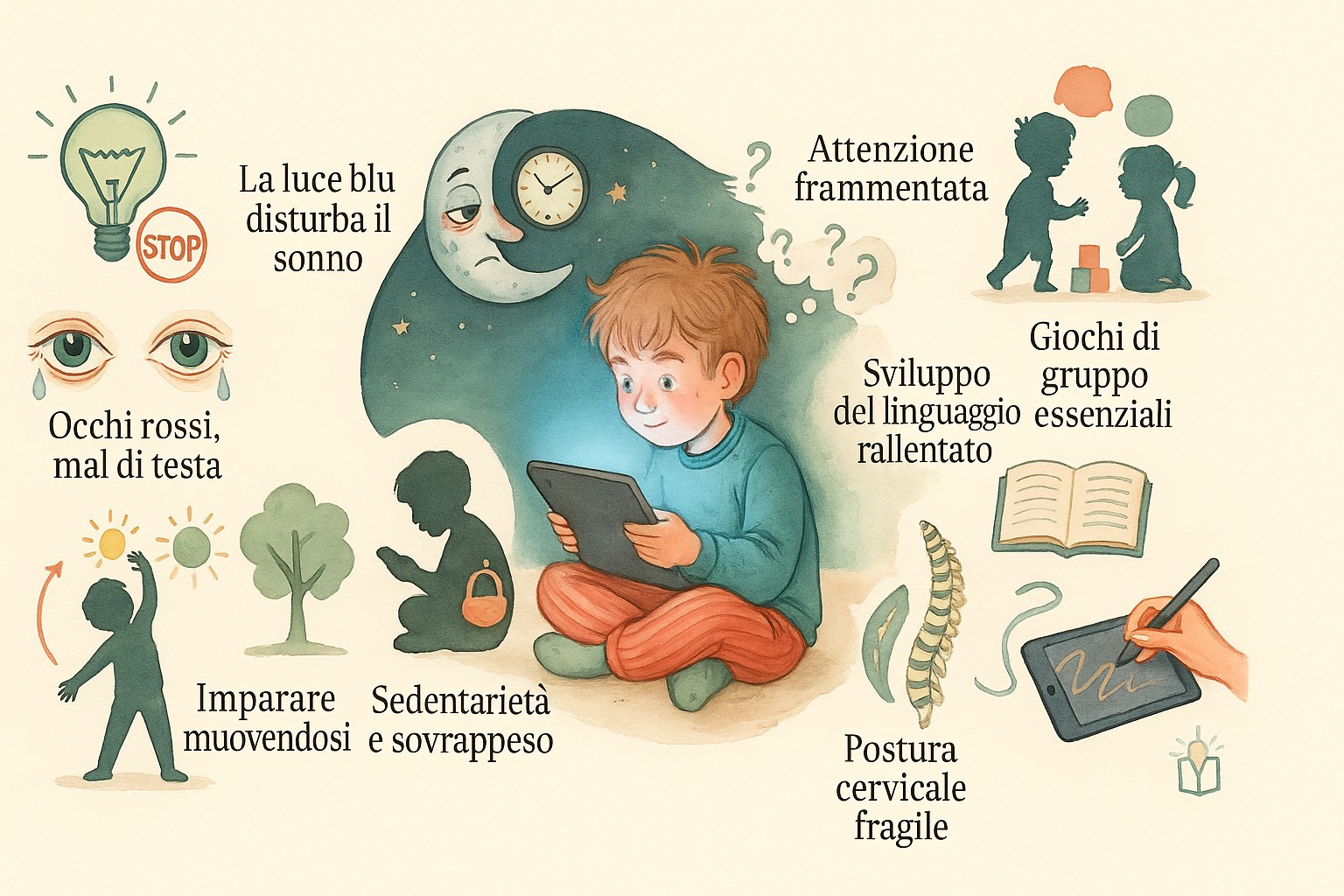 Infografica illustrata che mostra come gli schermi influiscono su sonno, occhi, postura, attenzione e linguaggio del bambino