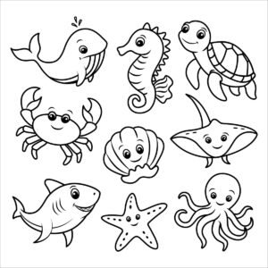Colouring board of 9 sea animals: whale, turtle, shark, octopus, crab and seahorse to print