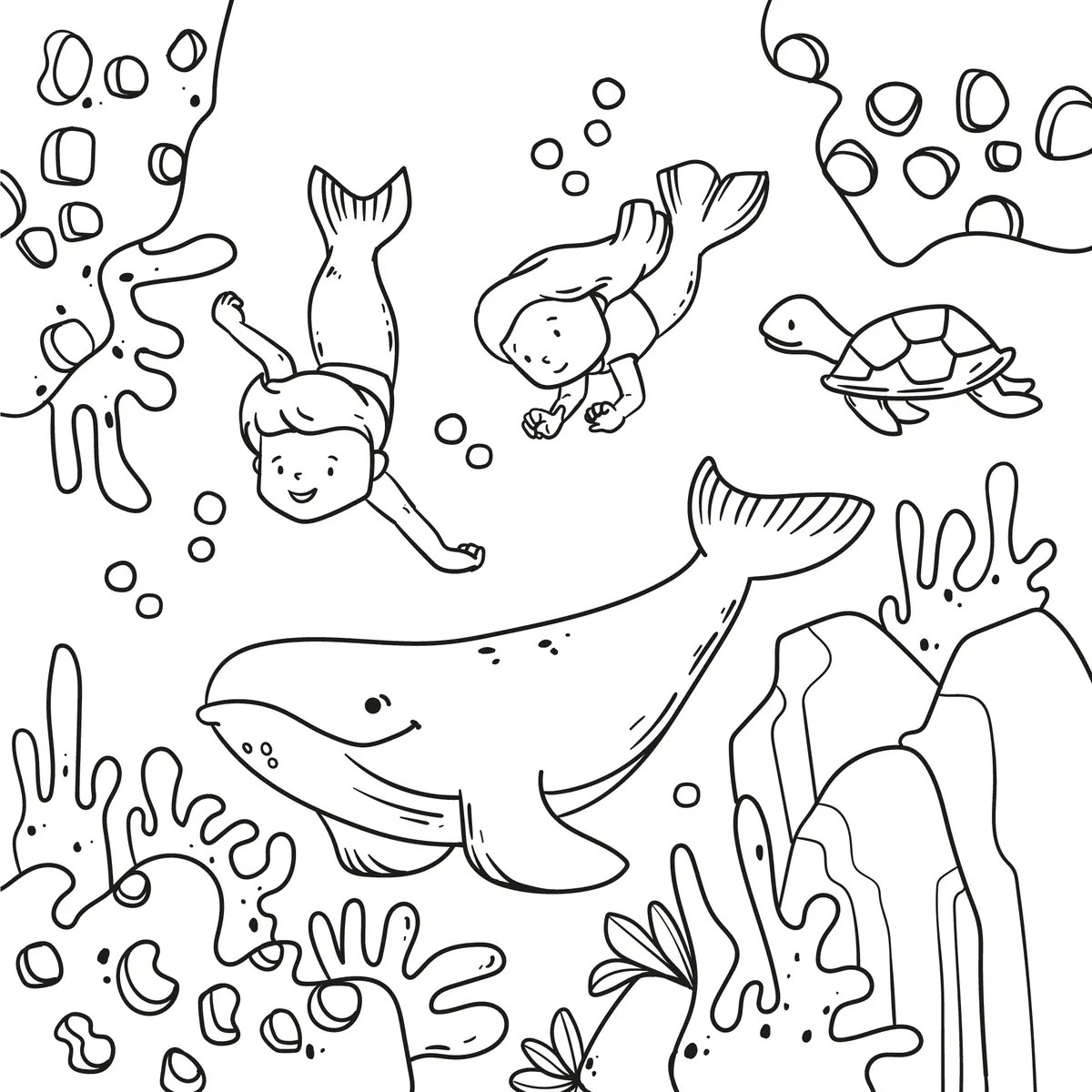 Colouring page of child divers with a whale and a sea turtle to print