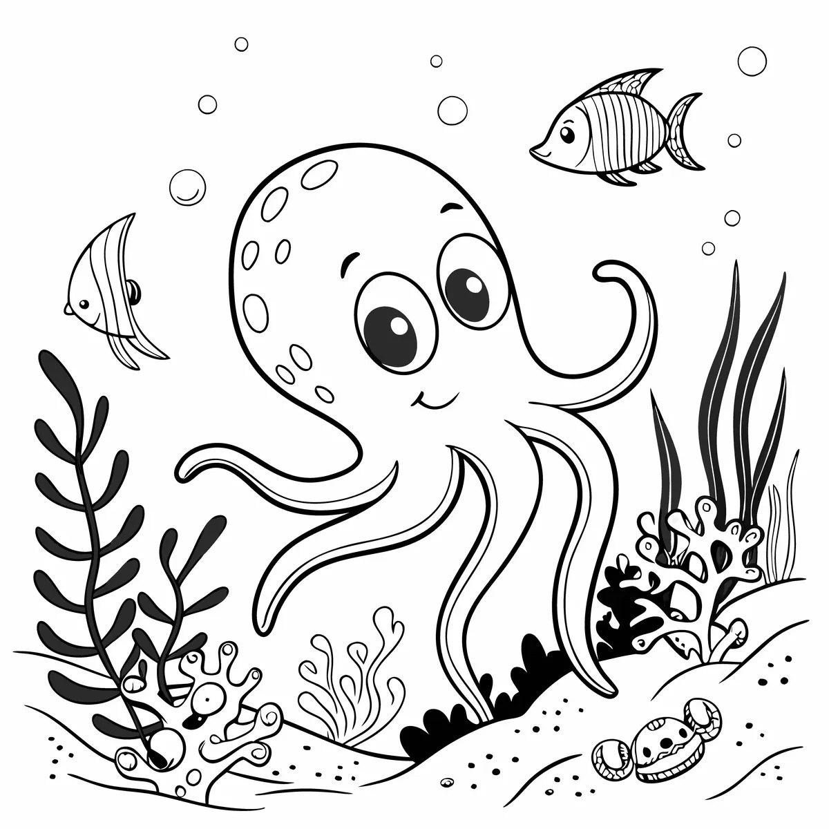Colouring page of a kawaii octopus with tropical fish and seaweed to print