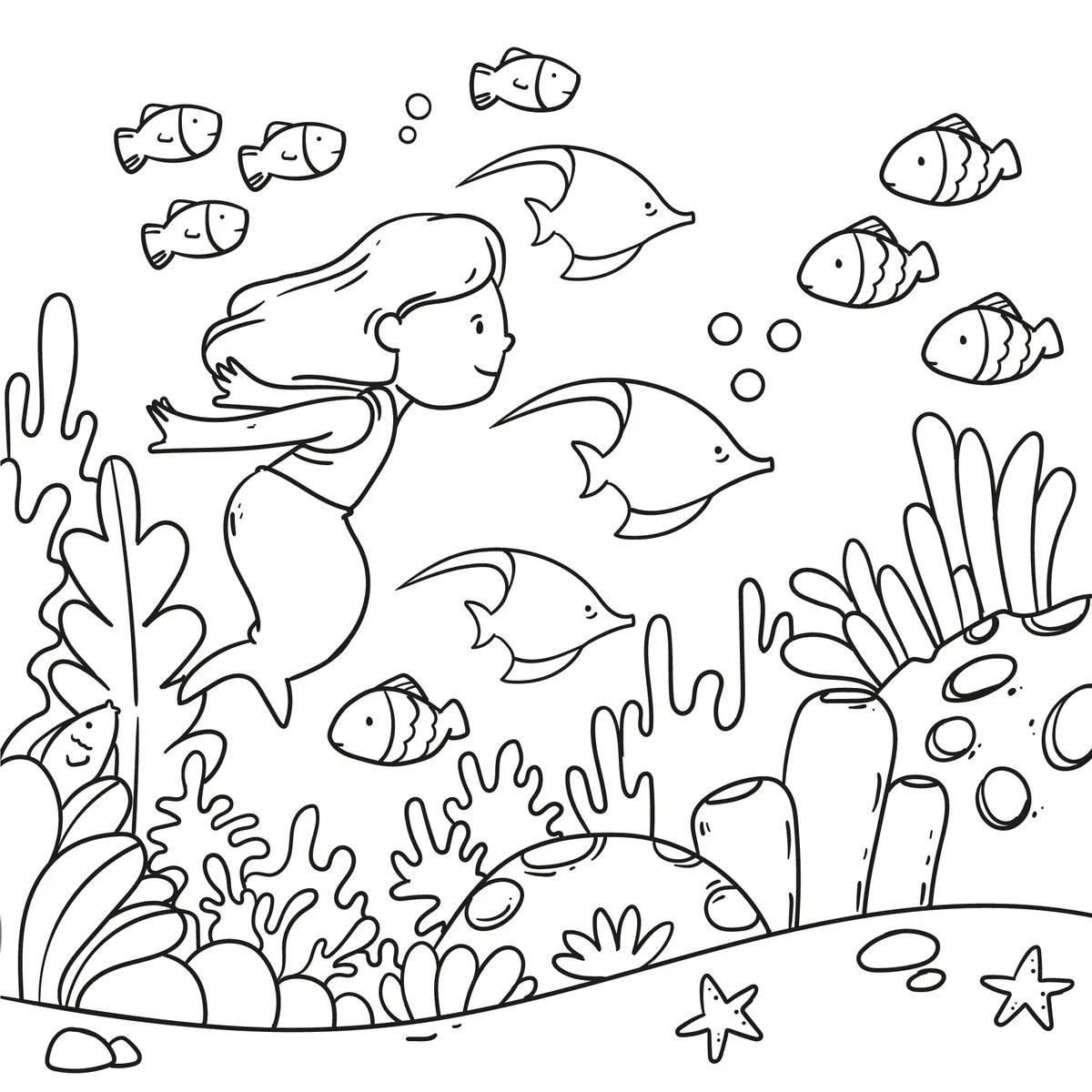 Colouring page of a little mermaid with fish and corals to print